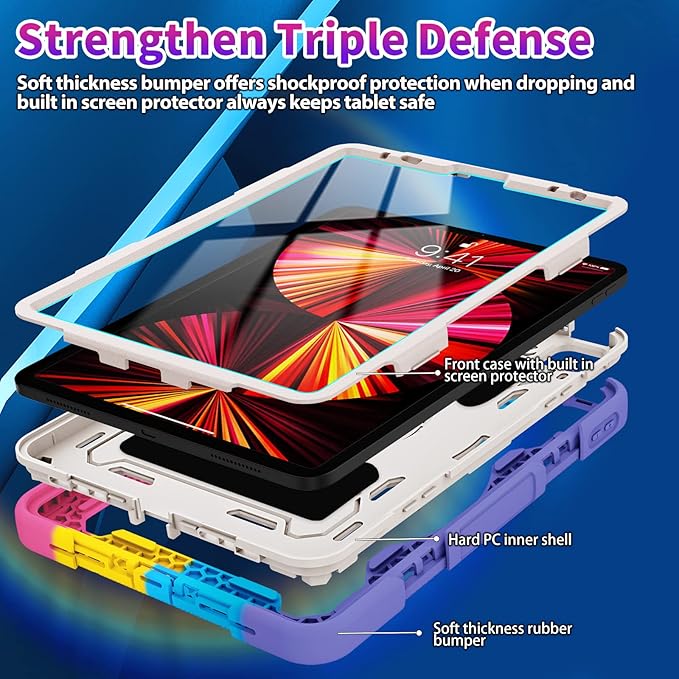 For iPad Air 5th 4th Generation 10.9 inch Case with Screen Protector [15ft Drop Protection] iPad Pro 11 Case 4th 3rd 2nd 1st Gen (2022 2021 2020 2018) for Kids W/ 360 Stand Hand/Shoulder Strap