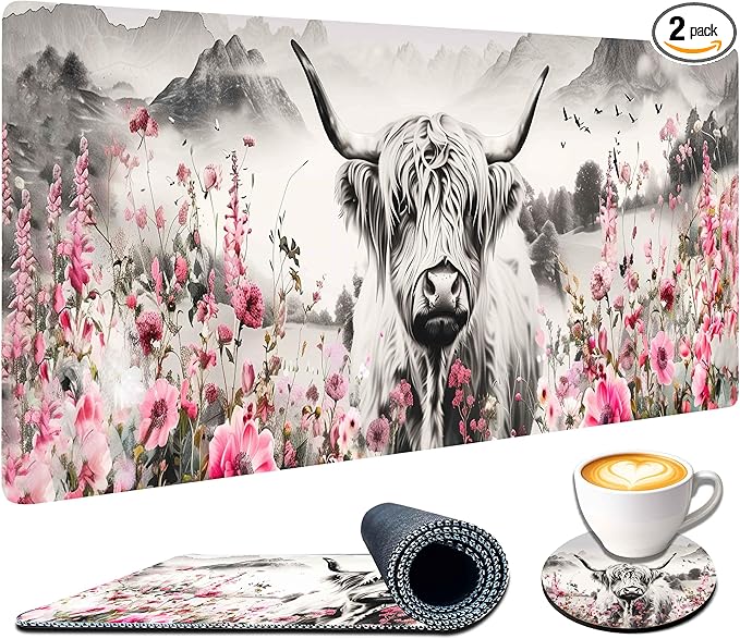 Highland Cow Mouse Pad, Extended Large Desk Pad with Stitched Edges 31.5 x 11.8 Mousepad Desk Mat for Desktop Decor and Accessories Workplace Home XXL Desk Pad for Gaming Office Big Mousepad