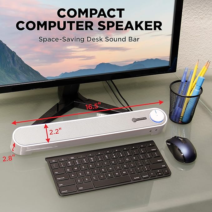 GOgroove Computer Speaker Mini Soundbar - USB Powered PC Sound Bar with Easy Setup Wired AUX, Stereo Audio, Microphone Port, Volume Control Knob, Under Monitor Design for Desktop (White)