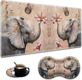 Ergonomic Cute Little Elephant Flower Extended Mouse Pad 31.5" x 11.8" Set, with Wrist Rest & Lace Coasters, Pain Relief Design, Non-Slip Desk Mat for Home & Gaming