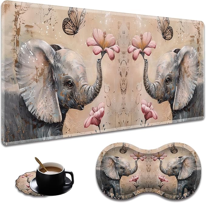 Ergonomic Cute Little Elephant Flower Extended Mouse Pad 31.5" x 11.8" Set, with Wrist Rest & Lace Coasters, Pain Relief Design, Non-Slip Desk Mat for Home & Gaming