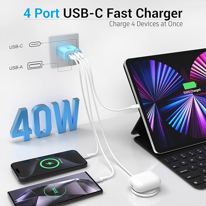 40W USB C Charger Block, 4-Port Fast Charging Block (2 USB-C + 2 USB-A), Compact Multi-Device Wall Plug Adapter for iPhone 17,16,15,14,13, Pro Max, Samsung Galaxy S24/S23/, Travel & Home (Blue 1Pack)