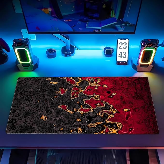 Red and Black Large Gaming Mouse Pad, Fluid Abstract Art Desk Mat 31.5x15.7 inch, Extended XL Non-Slip Micro-Fiber Surface with Natural Rubber Base for Computer Laptop, Home or Office Use