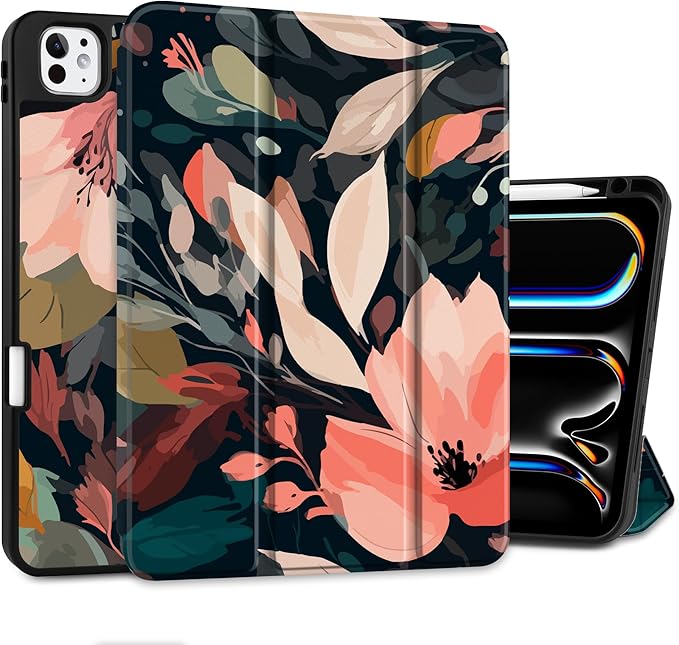 DONGKE Case for iPad Pro 11 inch (M5 2025 / M4 2024, 6th & 5th Generation) – [Built-in Pencil Holder] Ultra Slim PU Leather Trifold Stand Cover with Soft TPU Back, Auto Wake/Sleep, Painted Florals