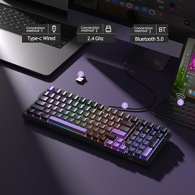 MageGee LIGHT100 Wireless Creamy Keyboard, Gasket Structure Hot Swappable, Tri-Mode 2.4G/USB-C/BT5.0 RGB Backlit Mechanical Gaming Keyboard for Win/Mac/PC, PBT Keycap, 4000mAh Battery, Purple