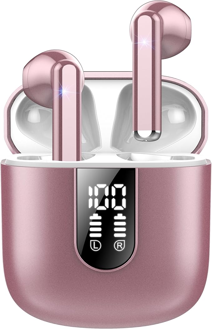 Wireless Earbuds, Bluetooth 5.4 Headphones HiFi Stereo, Bluetooth Earbuds with ENC Noise Cancelling Mic, 36H LED Display Ear Buds, IPX7 in Ear Earphones for Phone Tablet Laptop Sports, Rose Gold