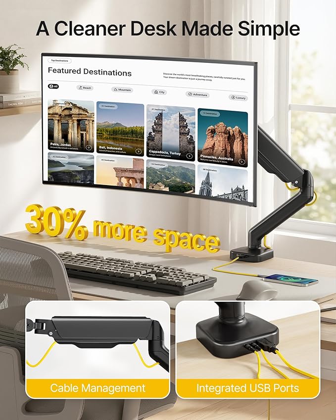 monTEK Heavy Duty Single Monitor Arm with USB/Audio Ports for 17-32” Screens, Premium Mechanical Spring Monitor Arm up to 19.8 lbs, Full Motion Monitor Desk Mount, VESA 75/100 mm, Clamp/Grommet