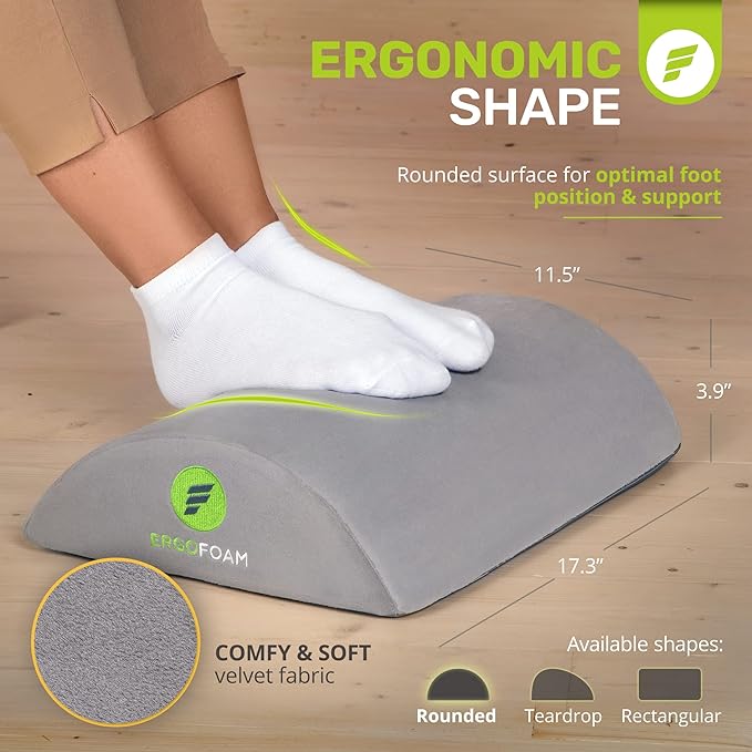 ErgoFoam Ergonomic Under Desk Foot Rest - Premium Velvet Soft Foam Footrest - Most Comfortable for Lumbar, Back, Knee Pain - Rocker (Grey)