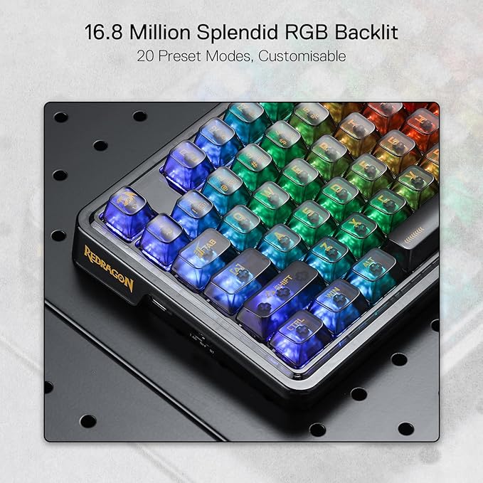 Redragon K649 PRO 78% Wireless Gasket RGB Gaming Keyboard, 3-Modes 82 Keys Full-Transparent Mechanical Keyboard w/Hot-Swap Socket, Noise Dampening Layer x 5, Translucent Custom Switch