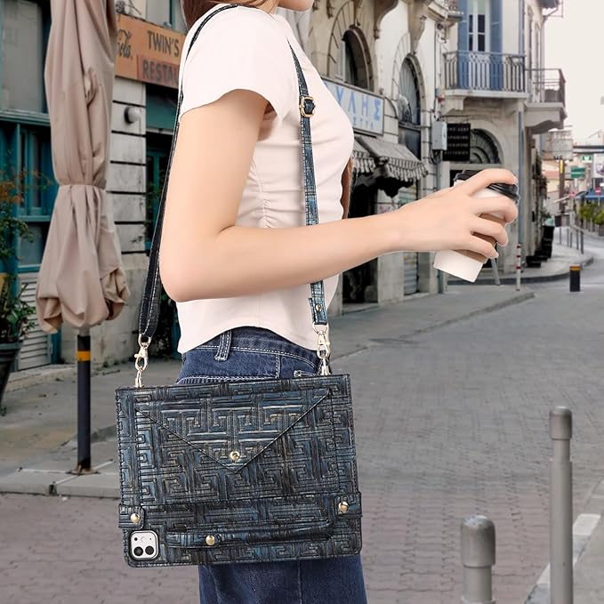Handbag Case for iPad Pro 12.9" 2018-2022 & iPad Air 13-inch 2024-2025 - Techcircle Vintage Maze Pattern Crossbody Folio Stand Case with Pencil/Card Holder, Hand Grip/Shoulder Strap, Retro Navy