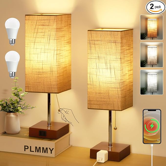 PLMMY Bedside Table Lamp for Bedroom Nightstand, 3 Color Pull Chain Nightstand Lamps Set of 2 with AC Outlets, Square Gray Lampshade Bedside Lamp for Living Room, Office Desk, LED Bulb Included