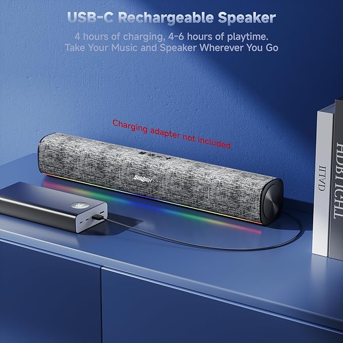 SOULION Bluetooth Computer Speakers with Dynamic LED Light, USB Plug & Play PC Speakers with Switch Button, Clearly Sound Soundbar for Desktop Laptop Monitor MG(USB-C to USB Adapter Included)