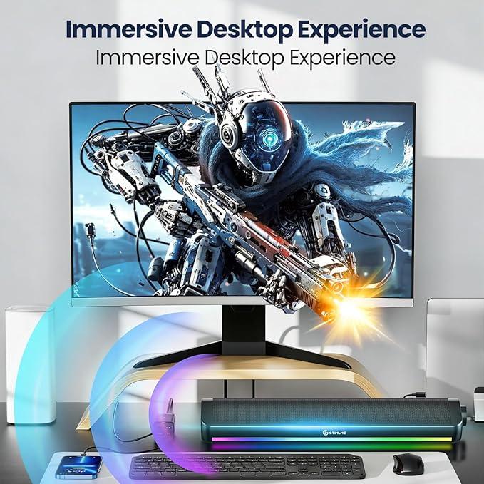 Tylubio Computer Speakers for Desktop, HiFi Stereo PC Soundbar with Dynamic RGB Lighting, USB & Type-C Plug&Play, Volume Control Knob, Wired Speakers for Gaming, Laptop, Monitor, Office