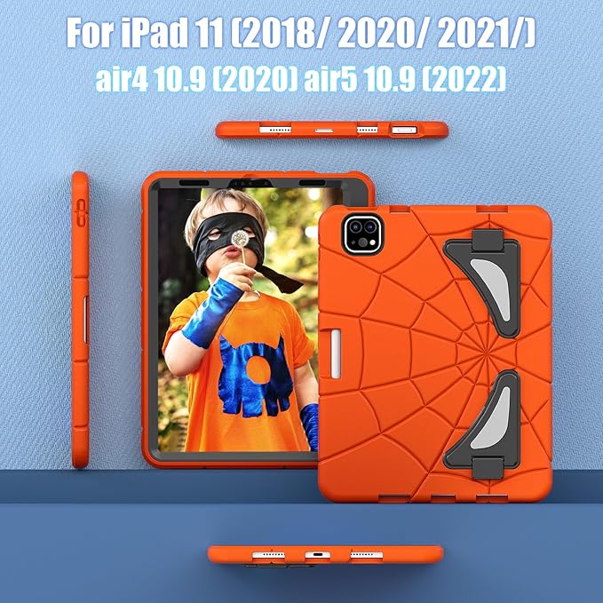 AKABEILA Compatible with Apple iPad Pro 11 inch(2018)/Apple Air 4 10.9(2020)/Air 5 10.9(2022)/Air 6 M2 (2024)/Air 7 M3 (2025) Tablet Case，Cover with Kickstand for KidsBoys Babies Orange Black