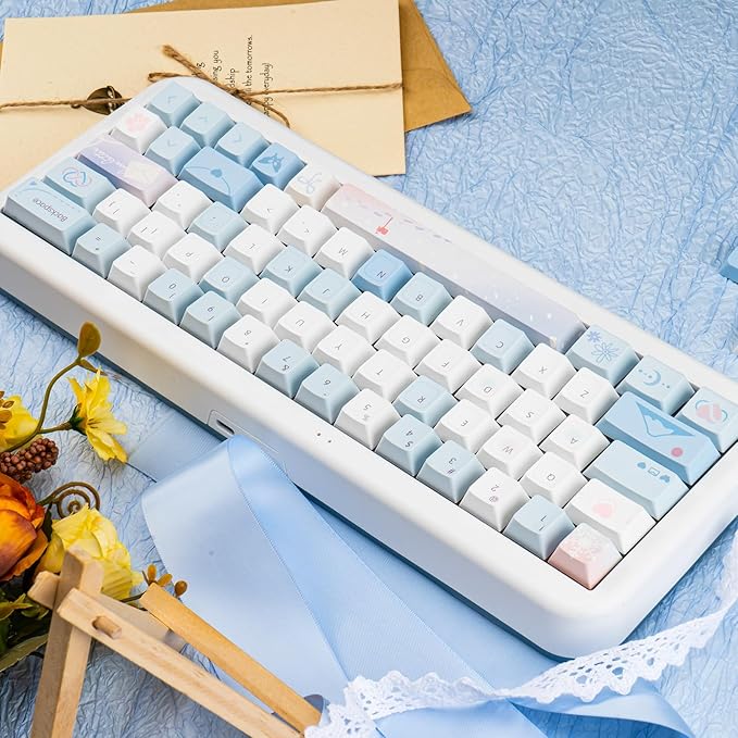 PBT Keycaps-White Blue Key caps 60 65 75 Percent, Cute Keycaps Custom 118 Keys, Cherry Profile for 61/68/84/87 Cherry Gateron MX Mechanical Keyboard