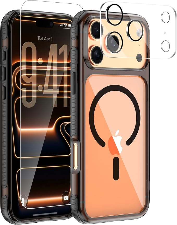3-in-1 for iPhone 17 Pro Max Case with Screen Protector & Camera Cover, N52 Magnetic Phone Case Compatible with MagSafe, Non-Slip Matte Smoky Black Bumper with Clear Back, Anti-Scratch Protective Kit