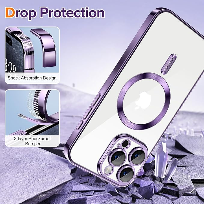Hython Magnetic Clear for iPhone 15 Pro Max Case with Camera Lens Protector [Compatible with MagSafe] Plating Edge Slim Soft TPU Cover Protective Phone Case for iPhone 15 Pro Max 6.7", Deep Purple