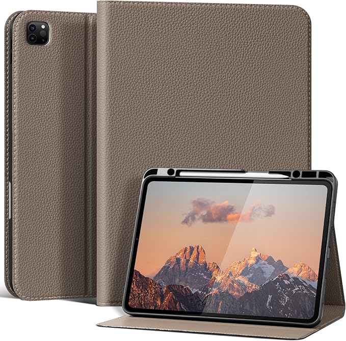 for iPad Pro 12.9 Case (2018-2022) Leather Folio Stand with Pencil Slot, Auto Wake/Sleep, Multi-Angle - Gray Brown
