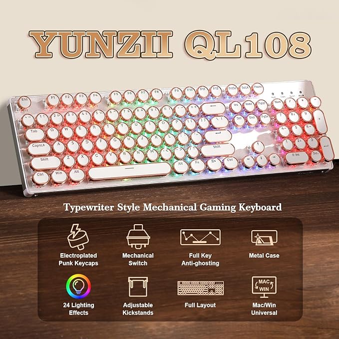 YUNZII QL108 Typewriter Style Mechanical Gaming Keyboard,Full Size Hot Swappable RGB Backlit Keyboards,Metal Panel Retro Punk Round Keycaps,USB Wired Computer Keyboard (Silver, Onyx Gray Switch)