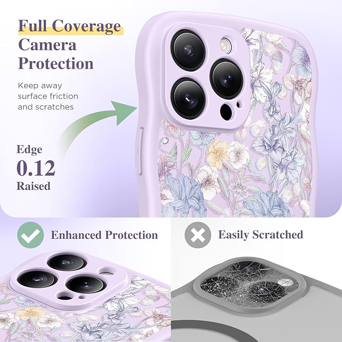 GVIEWIN for iPhone 15 Pro Case Compatible with MagSafe [Curly Wave Edge][Full Camera Protection] Floral Translucent Shockproof Magnetic Women Phone Case for iPhone 15 Pro 6.1'', Apricot Blossom/Purple