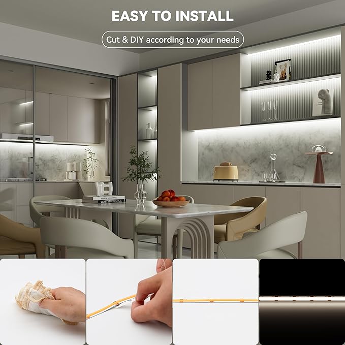 PAUTIX COB LED Strip Lights 48ft/15m Super Bright,504 LEDs/m Natural White 5000K CRI90+ Flexible LED Tape 24V for Cabinet Home DIY Lighting Projects with 2pcs COB Connector(Power Supply Not Included)