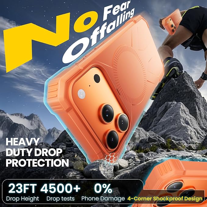 3 in1 for iPhone 17 Pro Max Case,[1 Screen Protector & 1 Camera Lens Protector ],7X Military-Grade Drop Protection ,Fits MagSafe ,Tough, Rugged & Durable for Heavy Duty iPhone 17 Pro Max Case, Orange