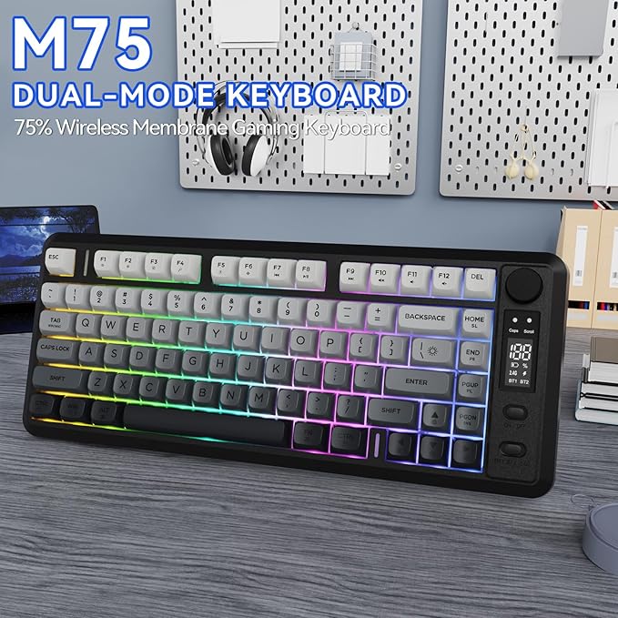 ZIYOU LANG M75 Wireless Gaming Keyboard, RGB Backlit Rechargeable 2000mAh Battery, Small Membrane But Mechanical Feel Keyboard with Smart Display & Knob, PBT Gradient keycaps for PC, MAC-Moonlit Night