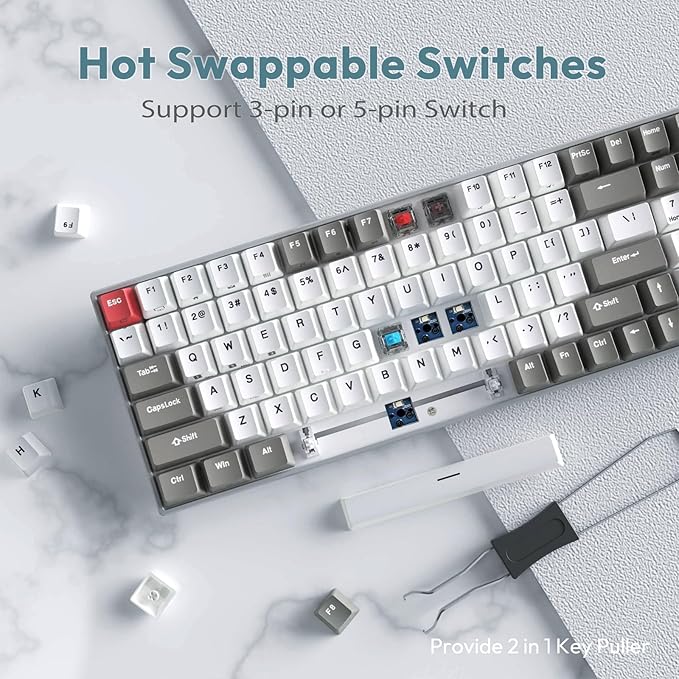 RK ROYAL KLUDGE RK100 Wireless Mechanical Keyboard RGB Backlit Bluetooth5.1/2.4G/Wired 96% Full Size 100-Key Hot Swappable Gaming Keyboard Red Switch Classic