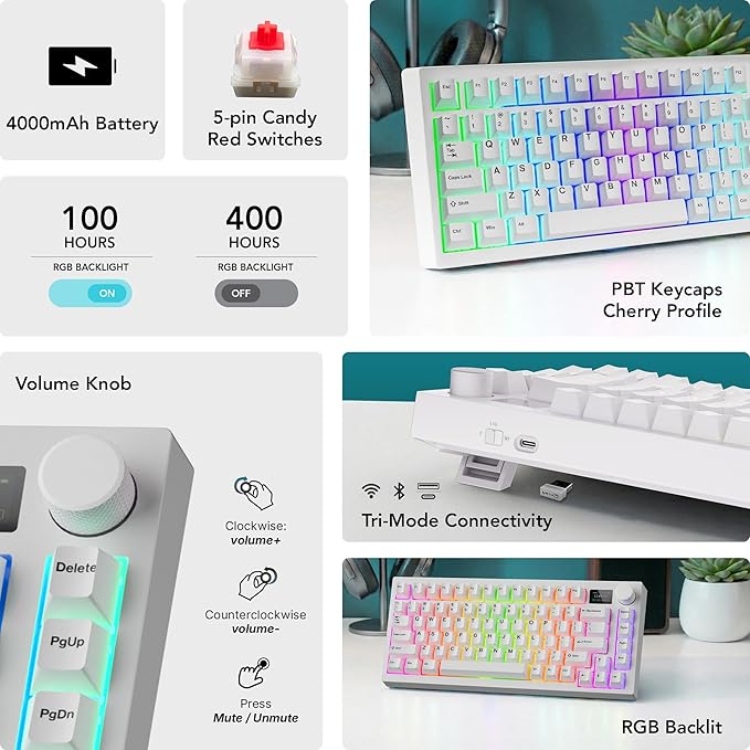 TECWARE Spectre 75 Mechanical Gaming Keyboard | Customizable LCD Screen Display & Knob | Tri-Mode Wireless Bluetooth 2.4GHz | Gasket Mount Hot Swappable | White Candy Red Linear Switches