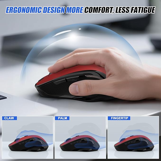 Bluetooth Wireless Mouse, 2.4G Ergonomic Rechargeable Computer Mouse for MacBook Air iPad Pro PC with Jiggler Mode, 3 DPI Levels & Forward/Back Buttons Laptop Mice for Office/Home/School - Red