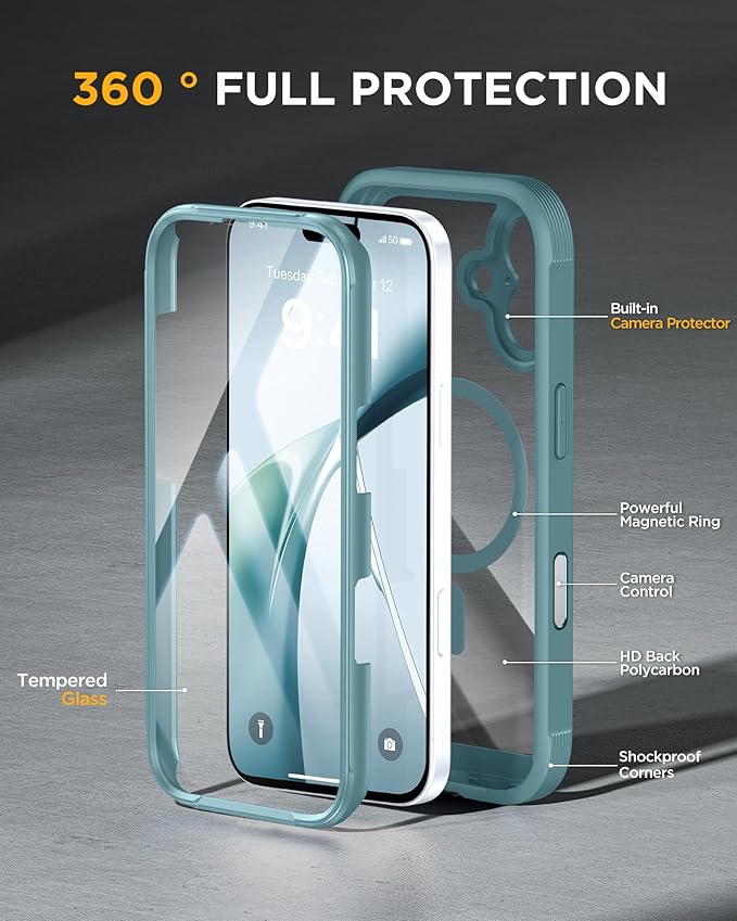 Miracase for iPhone 17 Case 6.3'', Full-Body Military Grade Drop Protection Outdoor Phone case with Built-in Glass Screen &Camera Control,Easy Installation,No Gap,Compatible with MagSafe, Green