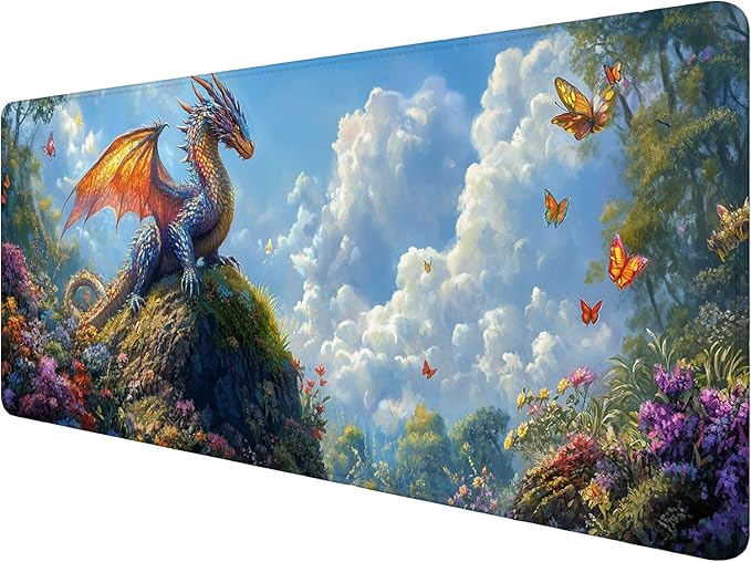 Fantasy Dragon Desk Pad Mouse Pad Forest Colorful Butterfly Flower Mousepad XL Large Gaming Mouse Pad Laptop Keyboard Mat Desk Pad 31.5"x11.8" Office Home Decor for Women Girl
