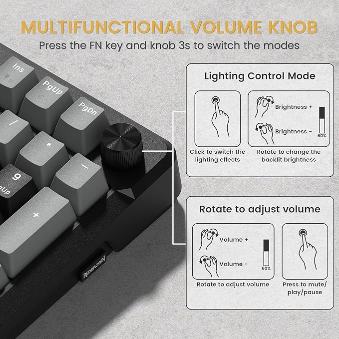 Redragon K742 Wireless Mechanical Gaming Keyboard with Knob, Bluetooth 5.0/2.4GHz/USB C Wired Creamy Keyboard with Number Pad for PC Computer, RGB Backlits, Hot-Swappable with Linear Switches (Black)