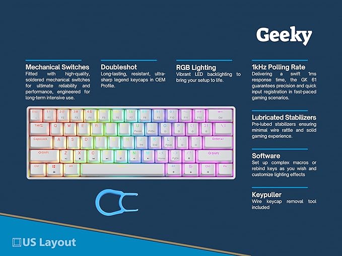 Geeky GK61 SE 60% | Mechanical Gaming Keyboard | 61 Keys Multi Color RGB LED Backlit for PC/Mac Gamer | ANSI US American Layout (White, Mechanical Brown)