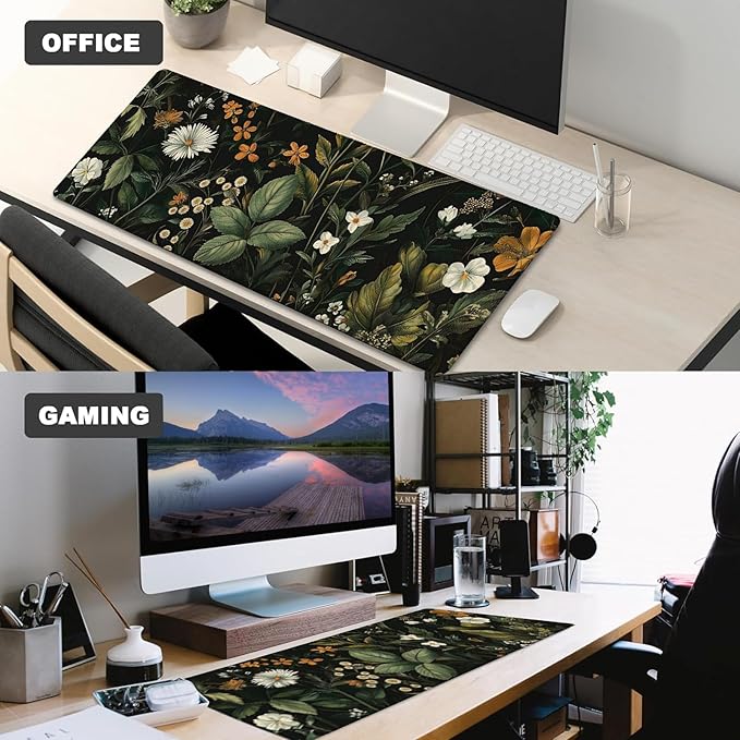 Dark Botanical Wildflower Gaming Mouse Pad – 12x31.5in Non-Slip Rubber Desk Mat with Vintage Floral Design – Large Extended Mousepad for Office Home – Deskmat Gifts for Nature Art Lovers Decor