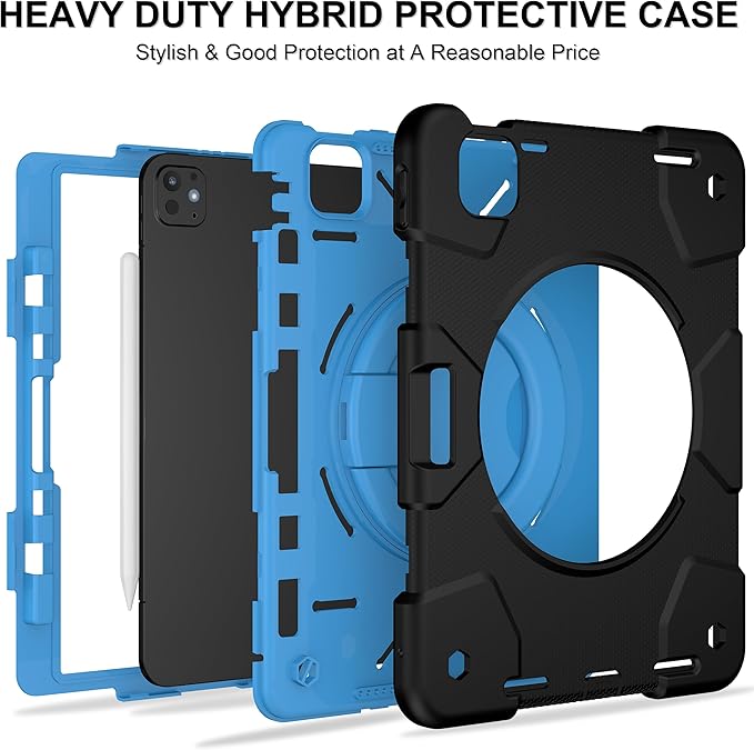 Andnary Case for iPad Pro 11 Inch M4 2024/M5 2025 Case, Heavy Duty Shockproof Cover with Screen Protector/360° Rotate Stand/Shoulder Strap/Pencil Holde (Black+Blue, iPad Pro M4/M5 11 inch)