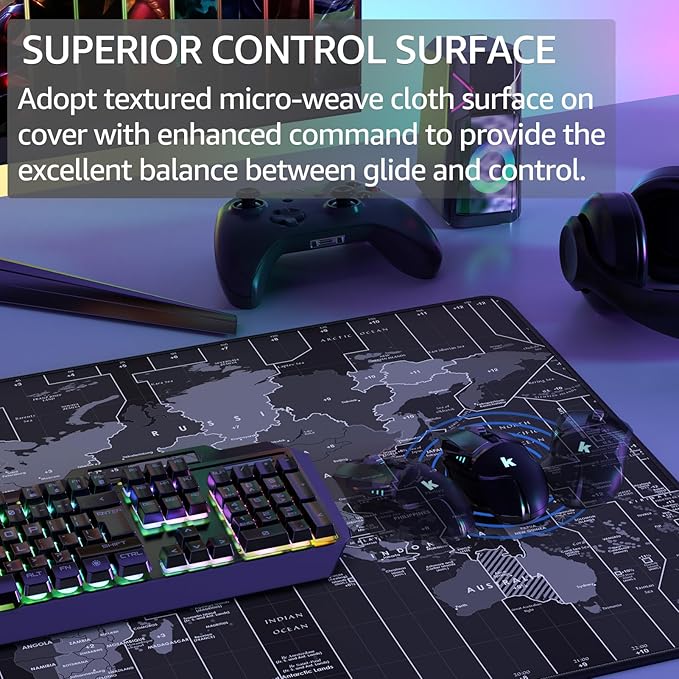 KTRIO Large Gaming Mouse Pad Desk Mat, Superior Micro-Weave Cloth, Non-Slip Rubber Base, Stitched Edges, Water-Resistant, for Gamer, Office & Home, 31.5 x 15.7 Inch，World Map