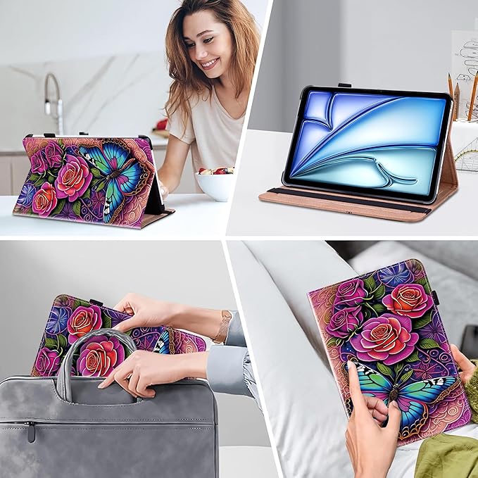 Case for iPad Air 13 inch M4 2026/M3 2025/M2 2024 with Pencil Holder & Card Slots & Auto Sleep, Embossed PU Leather Stand Magnetic Shockproof Cover Case for iPad Air 13 - Colorful Butterfly