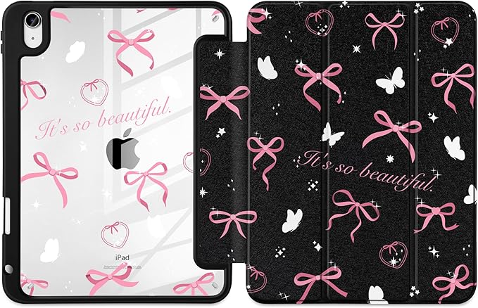Case for iPad Air 11 inch M4 2026 M3 2025 M2 2024,iPad Air 5th (2022) / 4th (2020) 10.9 Inch Clear Back Shell Lightweight Shockproof Trifold Stand Auto Wake Sleep Cute Cover, Pink Bow