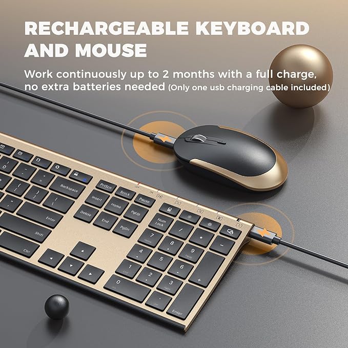 Wireless Keyboard and Mouse, Vssoplor 2.4GHz Rechargeable Compact Quiet Full-Size Keyboard and Mouse Combo with Nano USB Receiver for Windows, Laptop, PC, Notebook-Black Gold