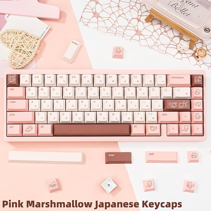 Cute Marshmallow Keycaps 134keys - PBT Cherry Profile Japanese Keycap - Five-Side Dye-Sublimation Pink & Off-White Keycaps Set Compatible with 60% 65% 75% TKL 104/108 Mechanical Keyboards