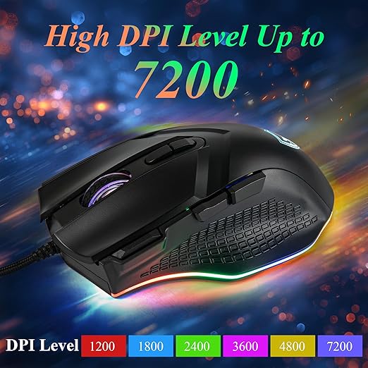 LEWENTECH Gaming Mouse 6 Adjustable DPI Up to 7200 Wired PC Gaming Mouse 8 Programmable Buttons 13 Adjustable RGB LED Modes 1.5 M Drag-Free Paracord Ergonomic Mouse Windows/PC/Mac/Laptop (Black)