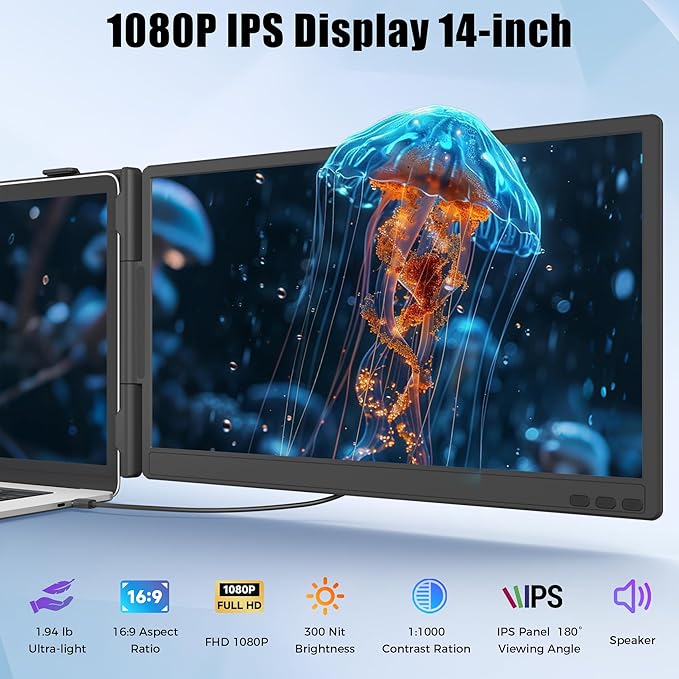 14" Laptop Screen Extender, Portable Monitor for Laptops 13-17.3", 1080P FHD IPS Dual Screen Monitor for Laptop with USB-C/HDMI, Screen Extender Portable Laptops with Plug&Play for Mac/Android/Chrome