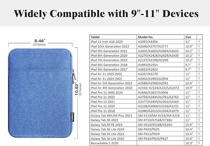 TiMOVO 9-11" Tablet Sleeve Bag for iPad 11-inch A16 2025, iPad 10.9"/10.2"| Air 11 Inch/5th/4th Gen. 10.9", Galaxy Tab A9+/A11Plus 11", Protective Bag Fit Smart Keyboard, Sky Blue