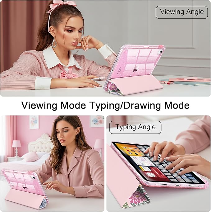 DONGKE for iPad Pro 11 inch Case – Fits M5 2025 / M4 2024, Shockproof Sparkling Glitter Acrylic Back, Pencil Holder, Trifold Stand, Auto Sleep/Wake & Touch ID Support - Colorful Florals