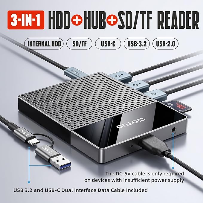 YOTUO 1TB External Hard Drive, USB C Multiport Hub HDD 7-in-1, USB 3.0, SD/TF Card Reader, Docking Station, Multi-Function HDD for Windows, Mac, Android, TV, iPhone 15/16/17, Laptop, Desktop, PC