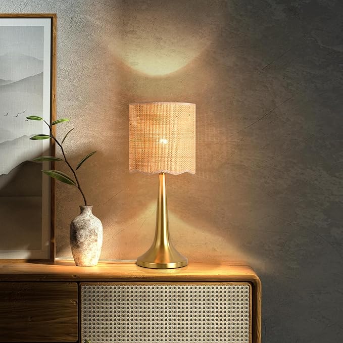 Ziqqeelam Gold Rattan Table Lamp for Bedroom, Brass Cute Wicker Lamps for Bedside Nightstand, Small Table Shape Lamps for Small Spaces for Kitchen Counter, Home Office, Living Room, Kids Dorm