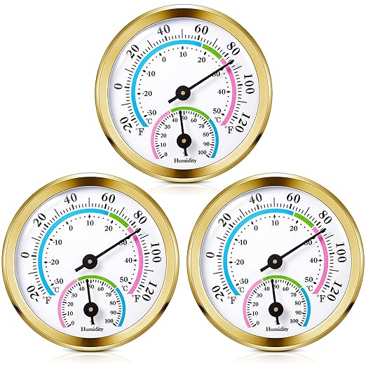 Weewooday 3 Pcs Indoor Outdoor Thermometer 2 in 1 Mini Home Temperature Humidity Hygrometer Monitor Gauge for Home Offices Wall(Gold,2.2 Inch)