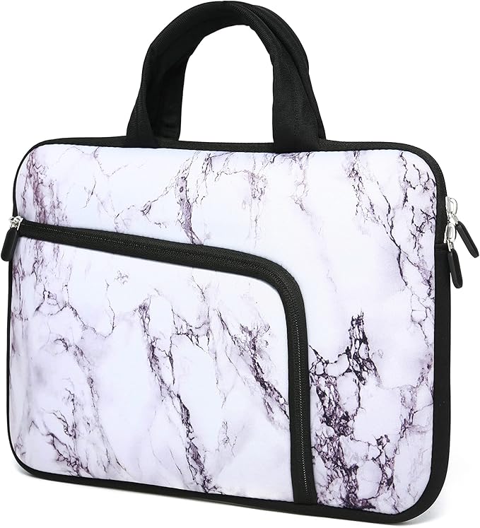 14 15 15.4 15.6 inch Laptop Handle Bag Computer Protect Case Pouch Holder Notebook Sleeve Neoprene Cover Soft Carrying Case with Extra Pockets For Dell Lenovo HP Chromebook (White Marble)
