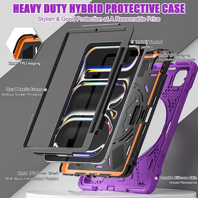 Batianda Case for New iPad Pro 11-inch 2025 M5 2024 M4 Chip Heavy Duty Rugged Durability Silicone Tablet Cover with 360° Rotating Hand Strap Foldable Hidden Stand & Shoulder Strap, Purple
